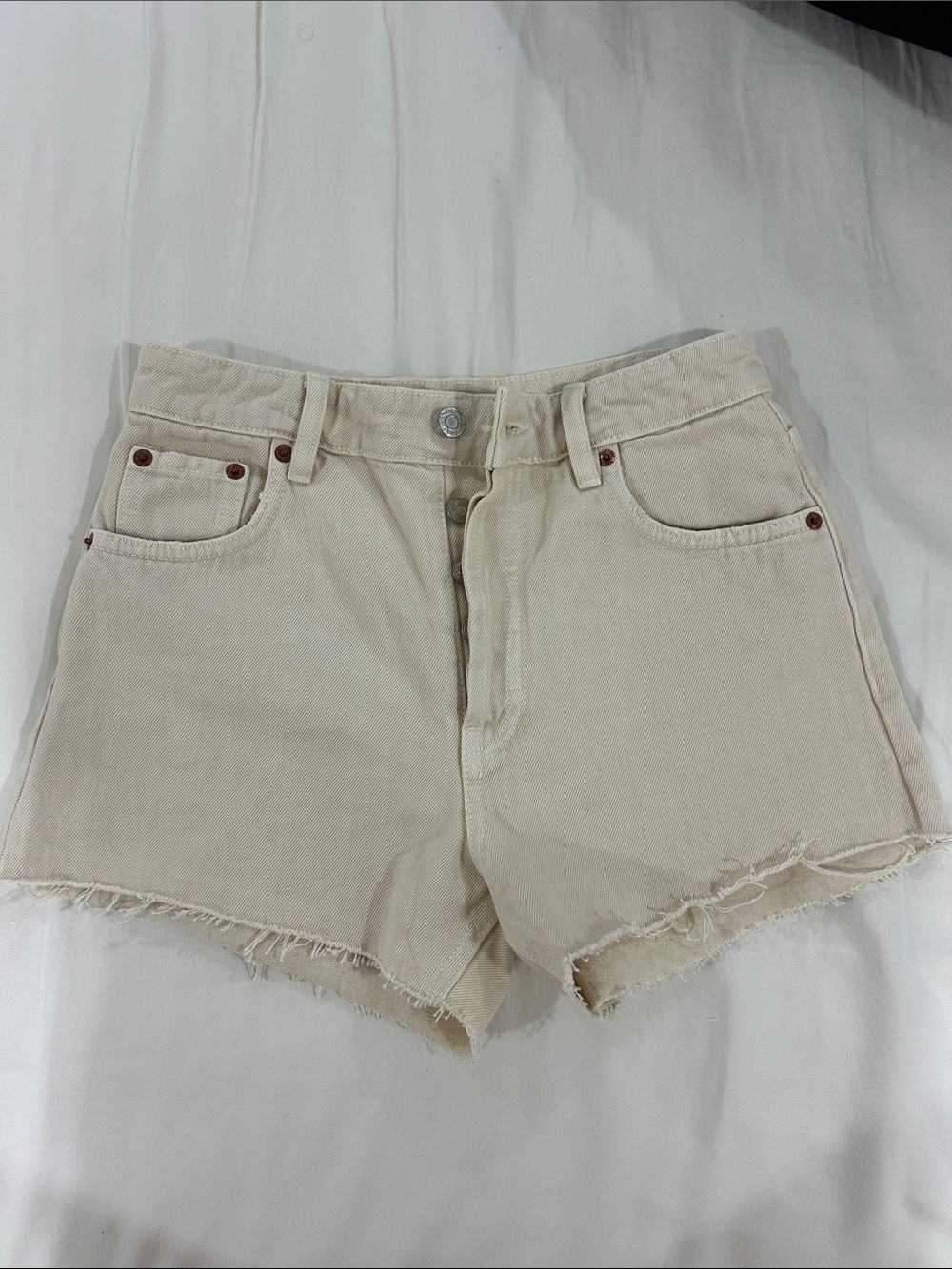 Zara Cream Denim Frayed Hem Shorts